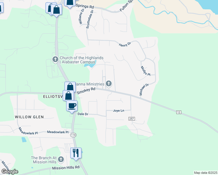 map of restaurants, bars, coffee shops, grocery stores, and more near 287 Smokey Road in Alabaster
