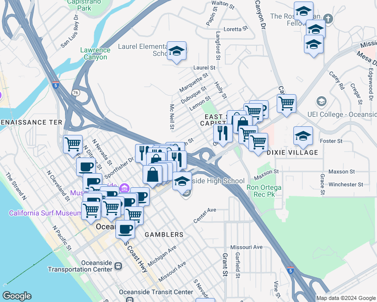 map of restaurants, bars, coffee shops, grocery stores, and more near 1306 Buena Street in Oceanside