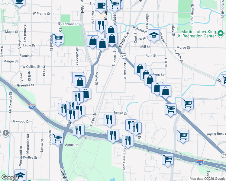 map of restaurants, bars, coffee shops, grocery stores, and more near 109 East Daugherty Street in Denton