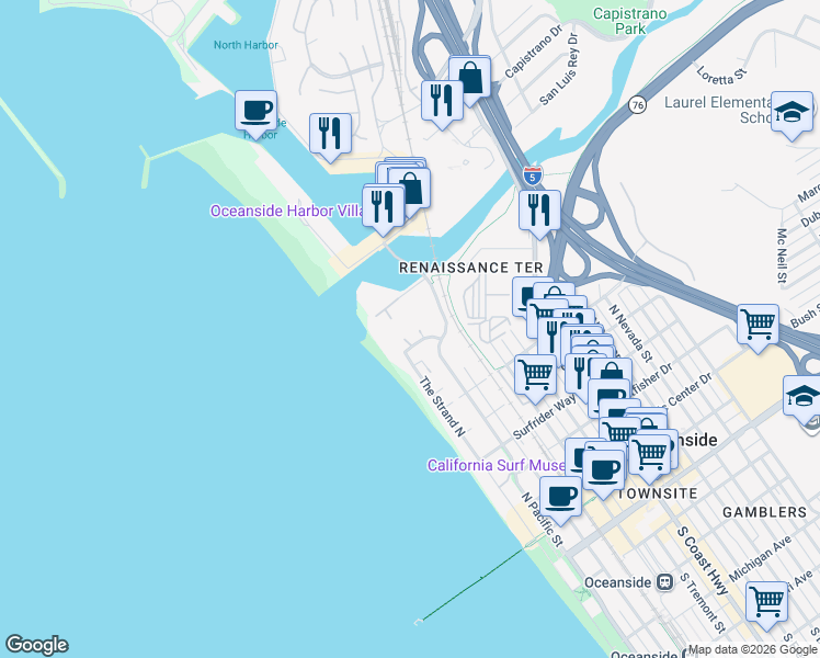 map of restaurants, bars, coffee shops, grocery stores, and more near 999 North Pacific Street in Oceanside