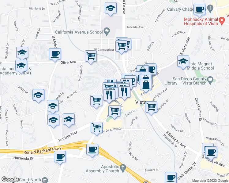 map of restaurants, bars, coffee shops, grocery stores, and more near 420 Vista Village Drive in Vista