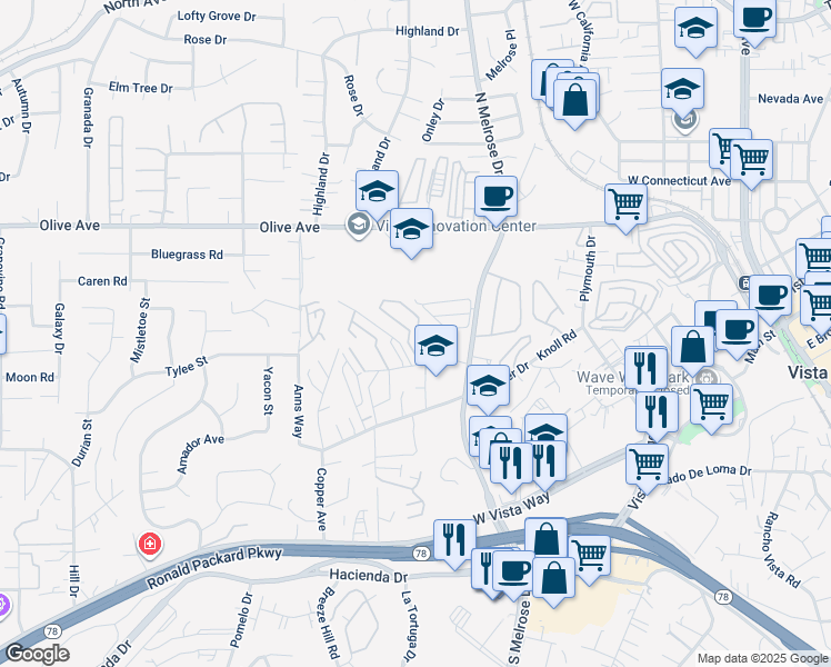 map of restaurants, bars, coffee shops, grocery stores, and more near 633 Ascot Drive in Vista