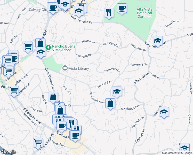 map of restaurants, bars, coffee shops, grocery stores, and more near 964 Marlin Drive in Vista