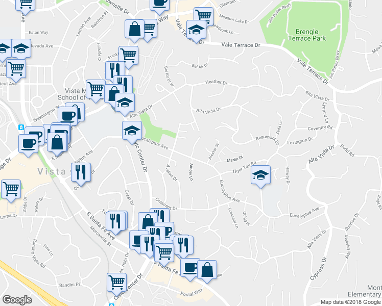 map of restaurants, bars, coffee shops, grocery stores, and more near 761 Eucalyptus Avenue in Vista