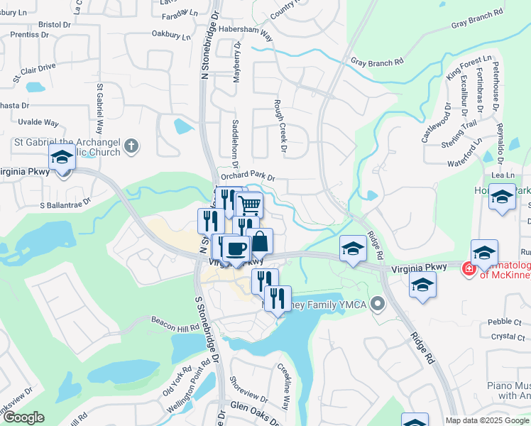 map of restaurants, bars, coffee shops, grocery stores, and more near 6530 Virginia Parkway in McKinney