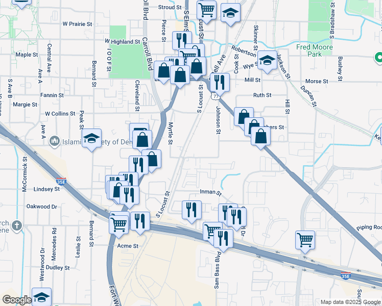 map of restaurants, bars, coffee shops, grocery stores, and more near 104 East Daugherty Street in Denton