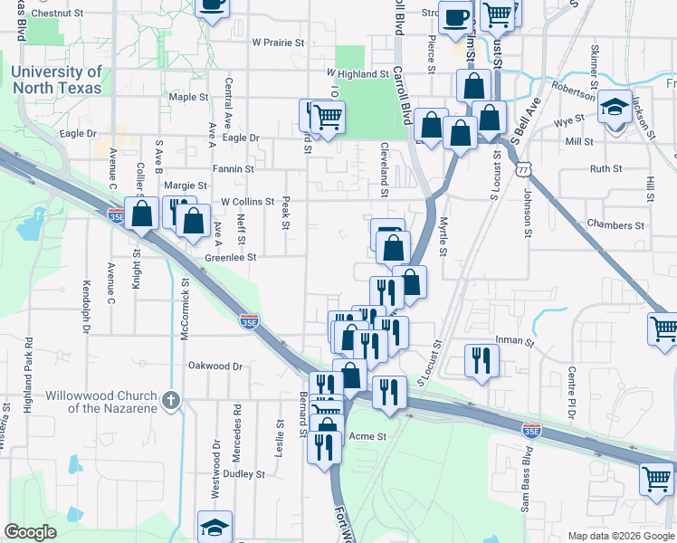 map of restaurants, bars, coffee shops, grocery stores, and more near 1407 Bernard Street in Denton