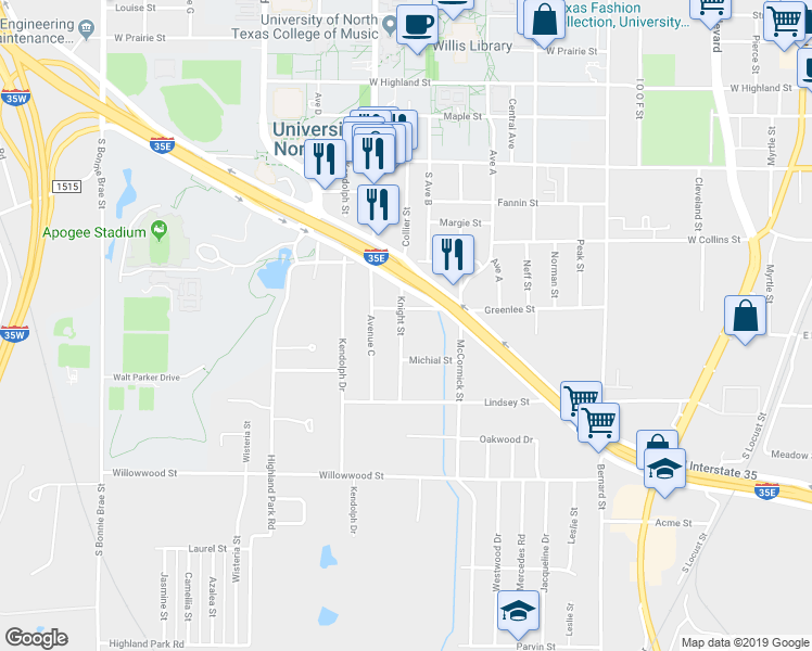 map of restaurants, bars, coffee shops, grocery stores, and more near 1413 Knight Street in Denton