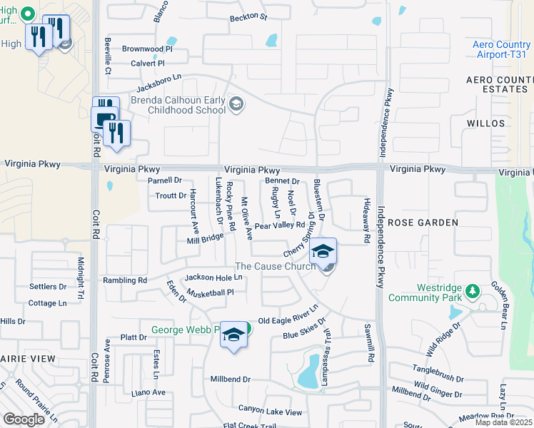 map of restaurants, bars, coffee shops, grocery stores, and more near 313 Whitman Drive in McKinney