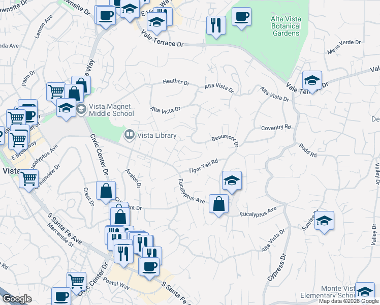 map of restaurants, bars, coffee shops, grocery stores, and more near 996 Marlin Drive in Vista