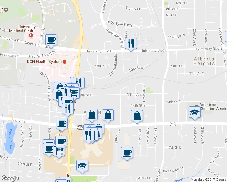 map of restaurants, bars, coffee shops, grocery stores, and more near 1236 13th Street East in Tuscaloosa
