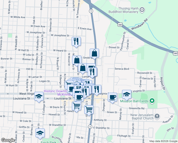 map of restaurants, bars, coffee shops, grocery stores, and more near 500 North Chestnut Street in McKinney