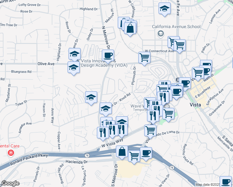 map of restaurants, bars, coffee shops, grocery stores, and more near 331 Windy Lane in Vista