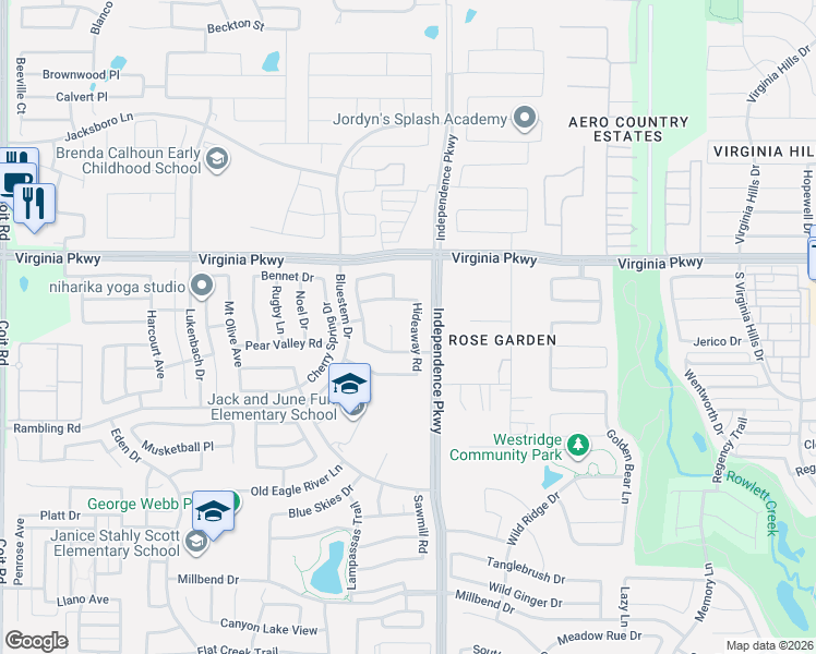 map of restaurants, bars, coffee shops, grocery stores, and more near 424 Hideaway Road in McKinney