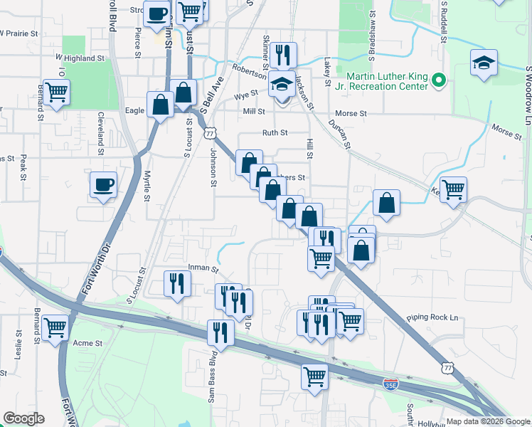 map of restaurants, bars, coffee shops, grocery stores, and more near 714 Dallas Drive in Denton
