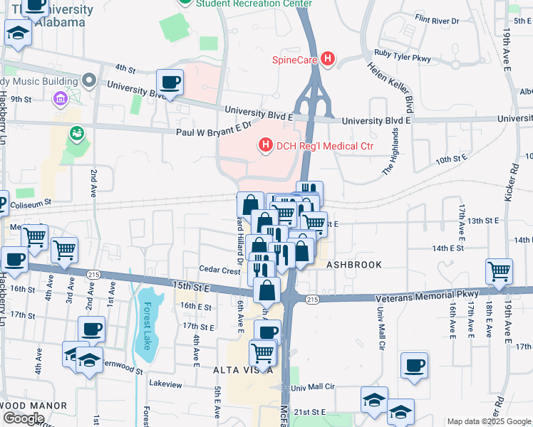 map of restaurants, bars, coffee shops, grocery stores, and more near 600 13th Street East in Tuscaloosa