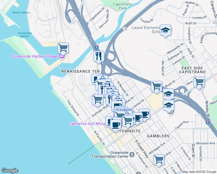 map of restaurants, bars, coffee shops, grocery stores, and more near 704 North Freeman Street in Oceanside