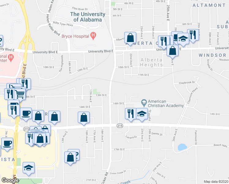 map of restaurants, bars, coffee shops, grocery stores, and more near 1916 13th Street East in Tuscaloosa