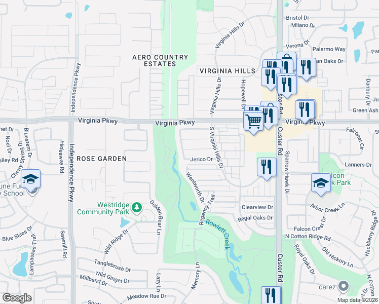map of restaurants, bars, coffee shops, grocery stores, and more near 9424 Jerico Drive in McKinney