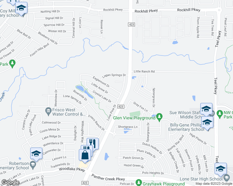 map of restaurants, bars, coffee shops, grocery stores, and more near 14509 Eaglemont Drive in Little Elm