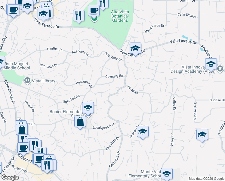 map of restaurants, bars, coffee shops, grocery stores, and more near 1737 Alta Vista Drive in Vista