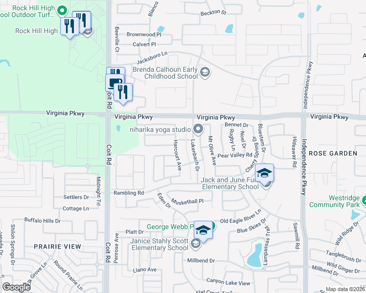 map of restaurants, bars, coffee shops, grocery stores, and more near 317 Rustic Oak Lane in McKinney