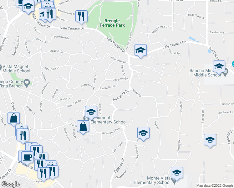 map of restaurants, bars, coffee shops, grocery stores, and more near 1737 Alta Vista Drive in Vista