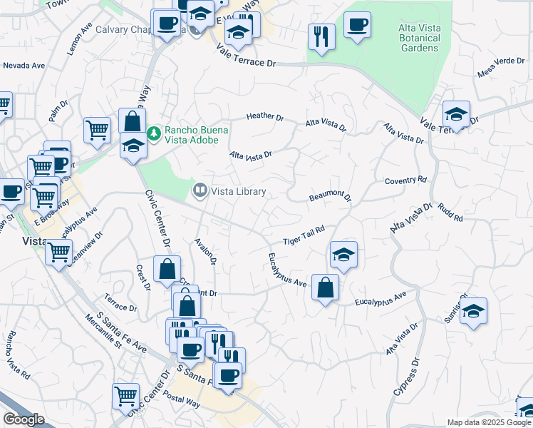 map of restaurants, bars, coffee shops, grocery stores, and more near 996 Marlin Drive in Vista