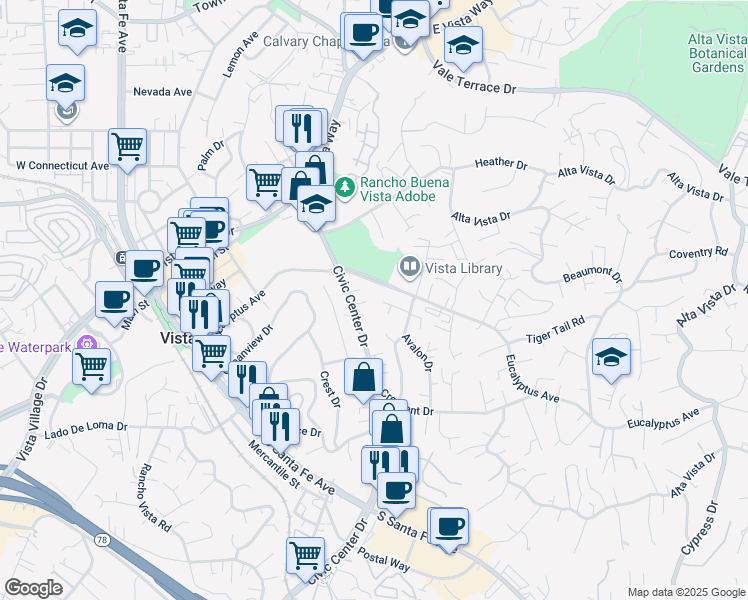 map of restaurants, bars, coffee shops, grocery stores, and more near 703 Windsor Court in Vista