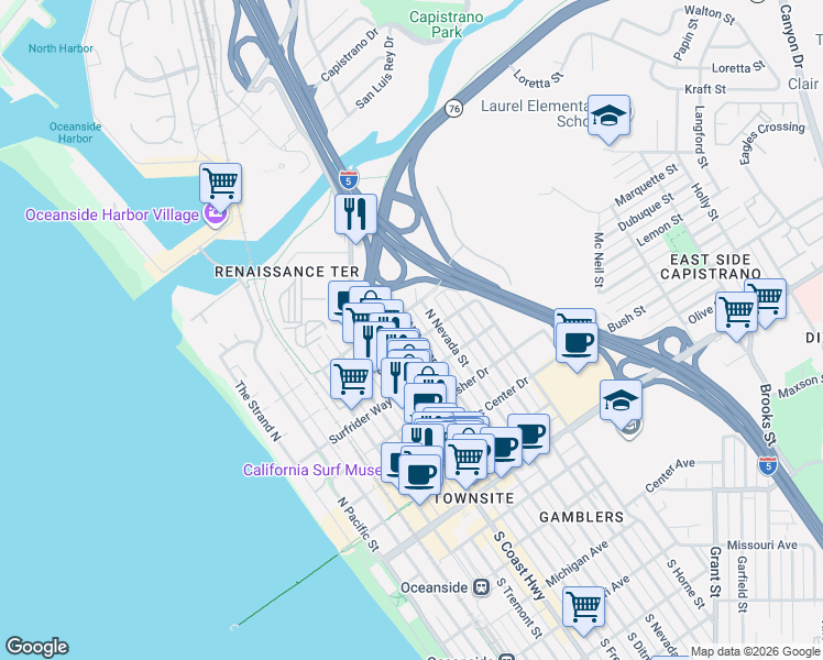 map of restaurants, bars, coffee shops, grocery stores, and more near 704 North Freeman Street in Oceanside