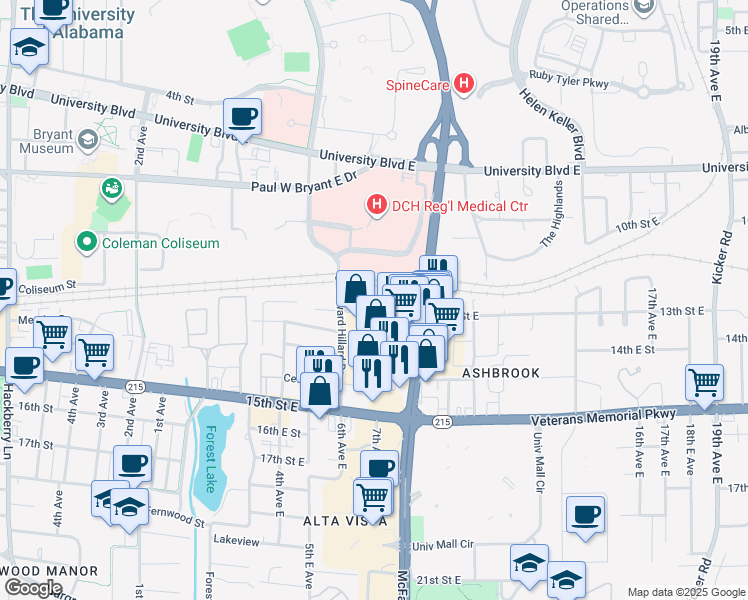map of restaurants, bars, coffee shops, grocery stores, and more near 617 13th Street East in Tuscaloosa