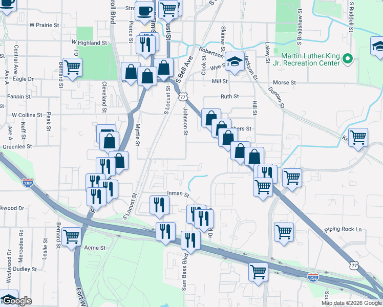 map of restaurants, bars, coffee shops, grocery stores, and more near 1311 Johnson Street in Denton