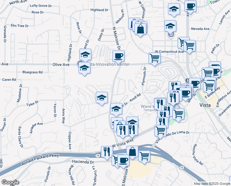 map of restaurants, bars, coffee shops, grocery stores, and more near 329 North Melrose Drive in Vista