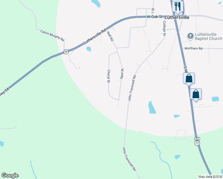 map of restaurants, bars, coffee shops, grocery stores, and more near 349 Cheryl Street in Luthersville