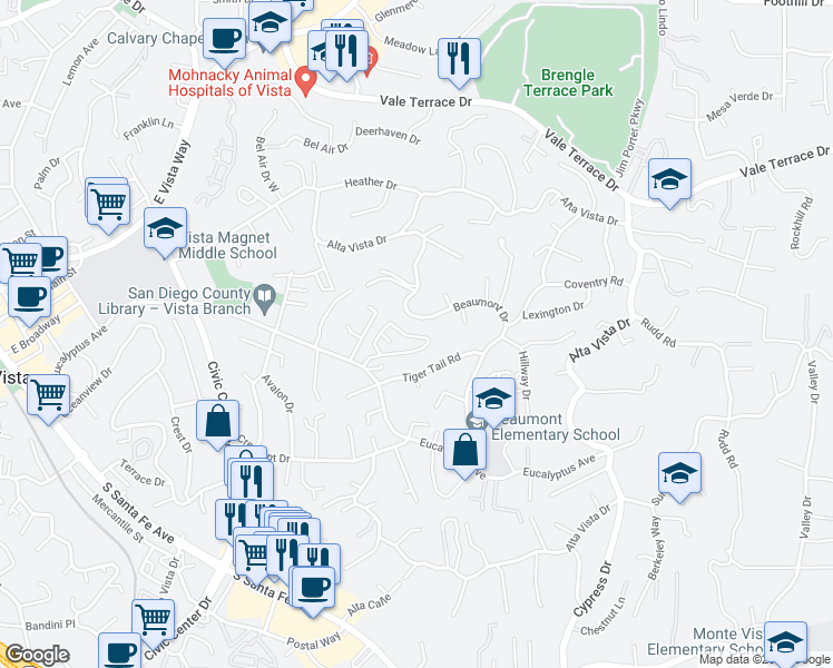 map of restaurants, bars, coffee shops, grocery stores, and more near 959 Marlin Drive in Vista