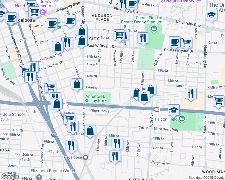 map of restaurants, bars, coffee shops, grocery stores, and more near 1411 Dearing Place in Tuscaloosa