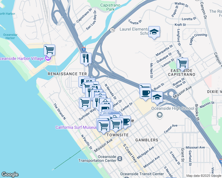 map of restaurants, bars, coffee shops, grocery stores, and more near 620 North Nevada Street in Oceanside