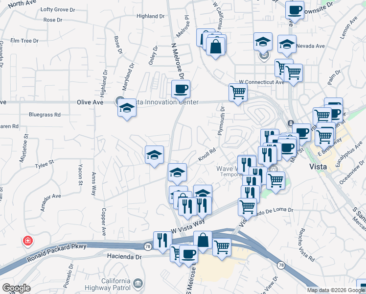 map of restaurants, bars, coffee shops, grocery stores, and more near 313 North Melrose Drive in Vista