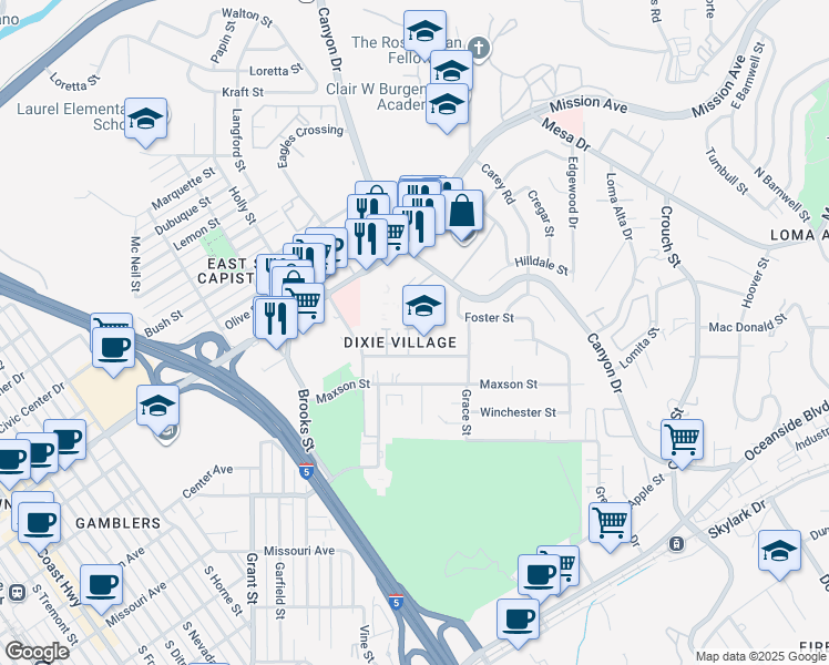 map of restaurants, bars, coffee shops, grocery stores, and more near 1786 Jasmine Way in Oceanside