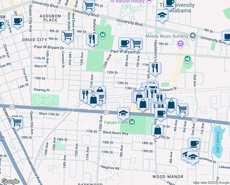 map of restaurants, bars, coffee shops, grocery stores, and more near 831 14th Street in Tuscaloosa