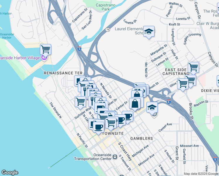 map of restaurants, bars, coffee shops, grocery stores, and more near 615 South Clementine Street in Oceanside