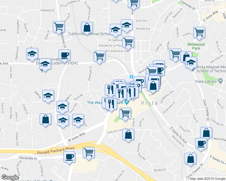 map of restaurants, bars, coffee shops, grocery stores, and more near 127 Camino Corto in Vista