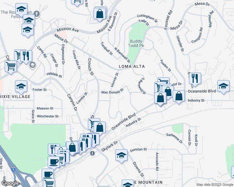 map of restaurants, bars, coffee shops, grocery stores, and more near 418 Hoover Street in Oceanside