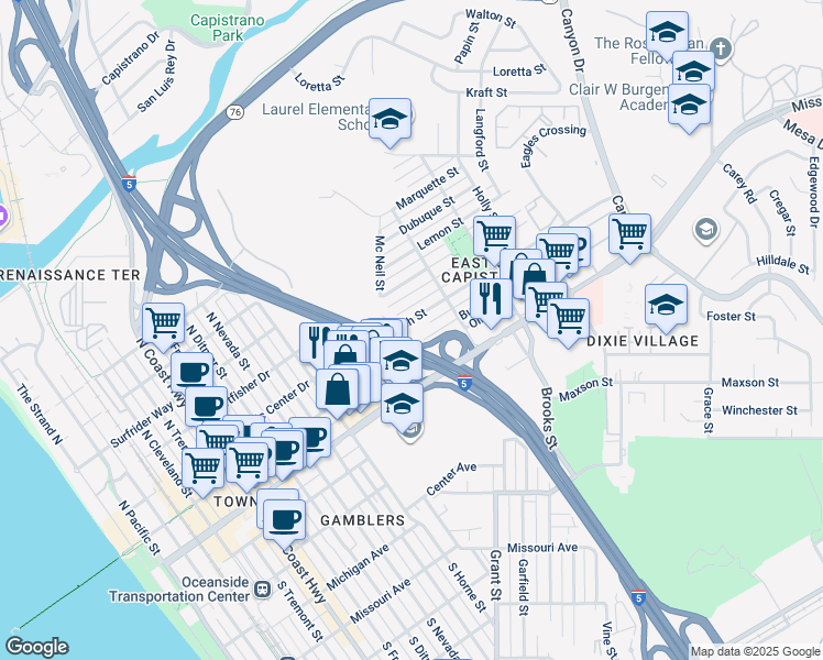 map of restaurants, bars, coffee shops, grocery stores, and more near 1306 Buena Street in Oceanside