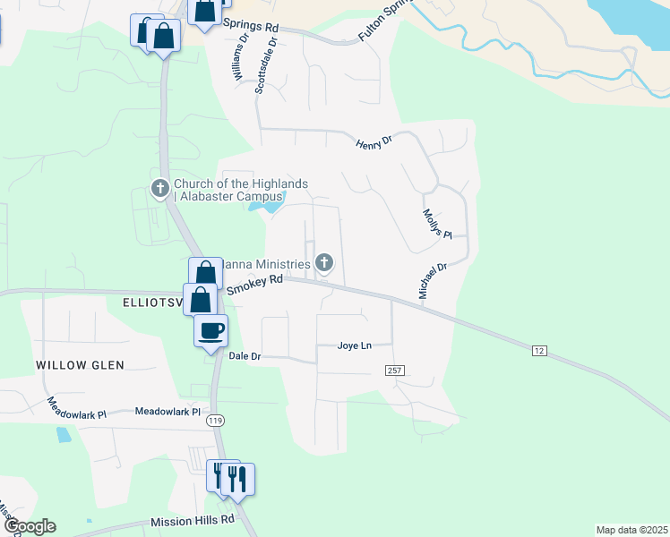 map of restaurants, bars, coffee shops, grocery stores, and more near 287 Smokey Road in Alabaster