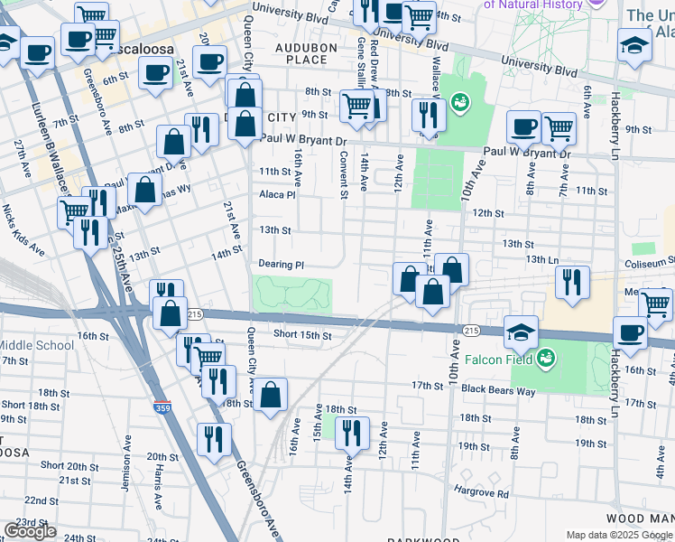 map of restaurants, bars, coffee shops, grocery stores, and more near 1411 Dearing Place in Tuscaloosa