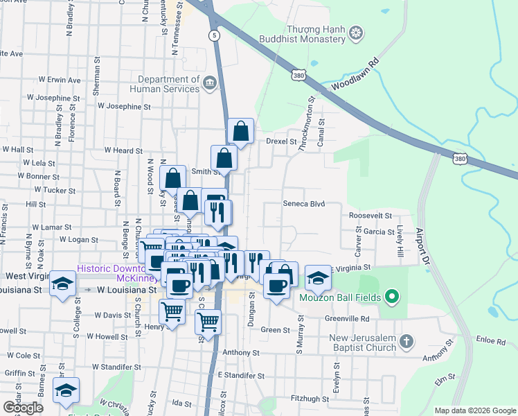 map of restaurants, bars, coffee shops, grocery stores, and more near 504 Main Street in McKinney