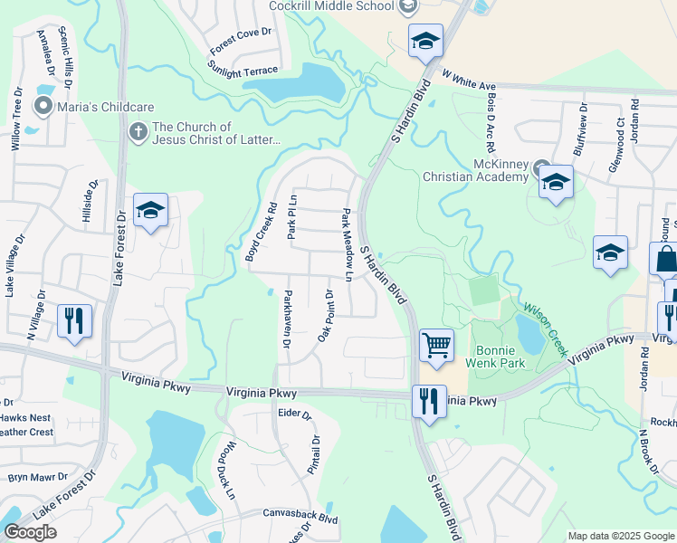 map of restaurants, bars, coffee shops, grocery stores, and more near 509 Park Meadow Lane in McKinney