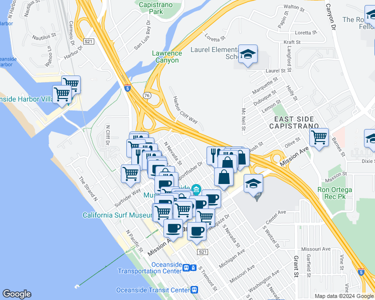 map of restaurants, bars, coffee shops, grocery stores, and more near 606 North Clementine Street in Oceanside