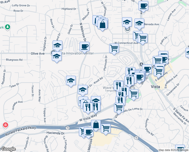 map of restaurants, bars, coffee shops, grocery stores, and more near 326 Ferrara Way in Vista